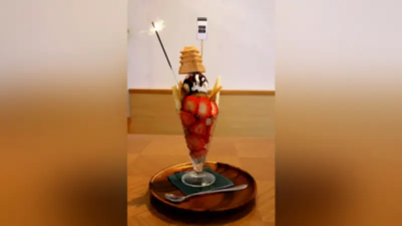 「難校不落」の願い込めた巨大パフェ、月山富田城モチーフで受験生応援