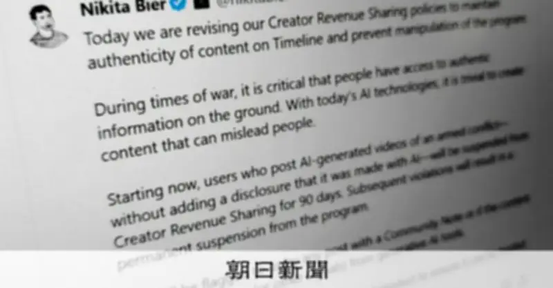 X、AI生成の戦争偽動画投稿者への収益分配停止方針を発表 2026年3月より実施