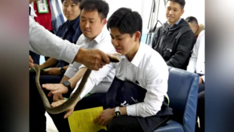 奄美署員がハブ対処法を学ぶ研修会、生きた毒蛇に触れ捕獲技術を習得