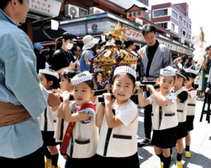 台東区の三社祭を前に園児が神輿担ぎ「ワッショイ」