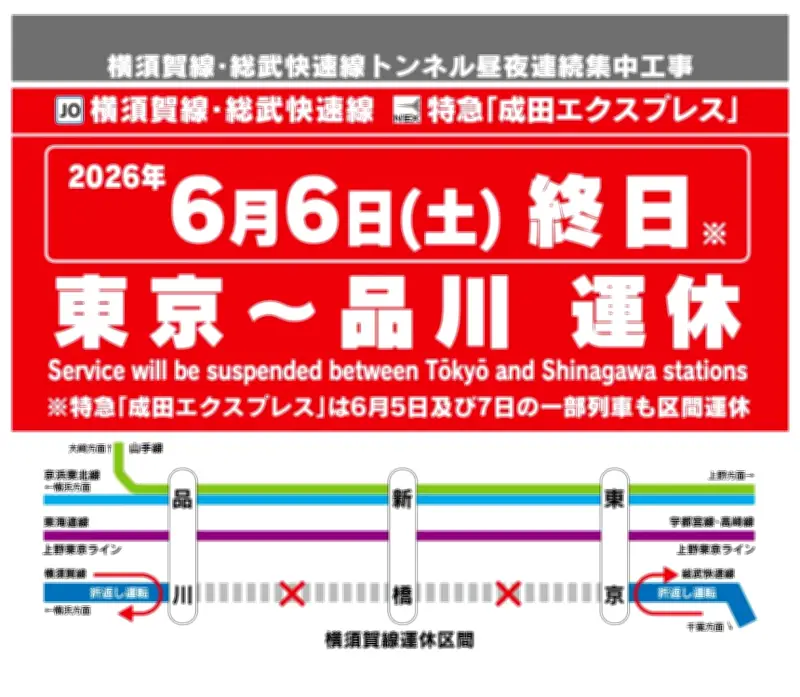 横須賀線・東京－品川間、6月6日終日運休　トンネル補修工事で