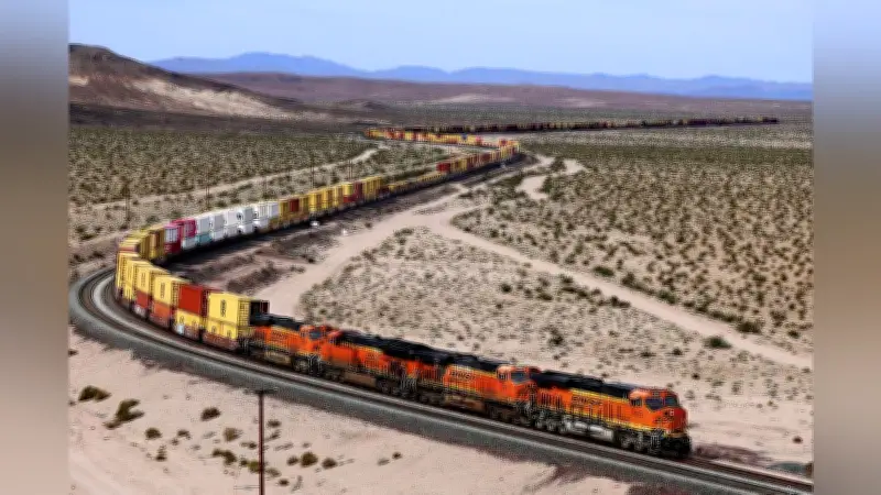 米カリフォルニアの長大貨物列車、地平線まで続く迫力の鉄道写真