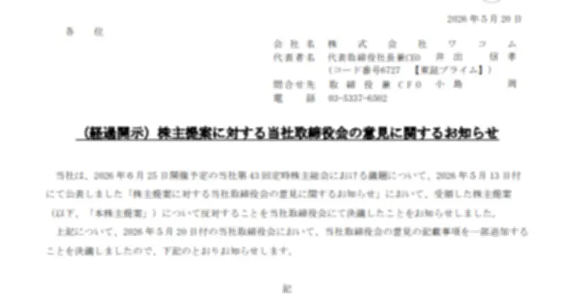 ワコム、株主提案に一部変更　CIVとの関係見直しへ　オフィス賃貸や家族のイベント参加禁止